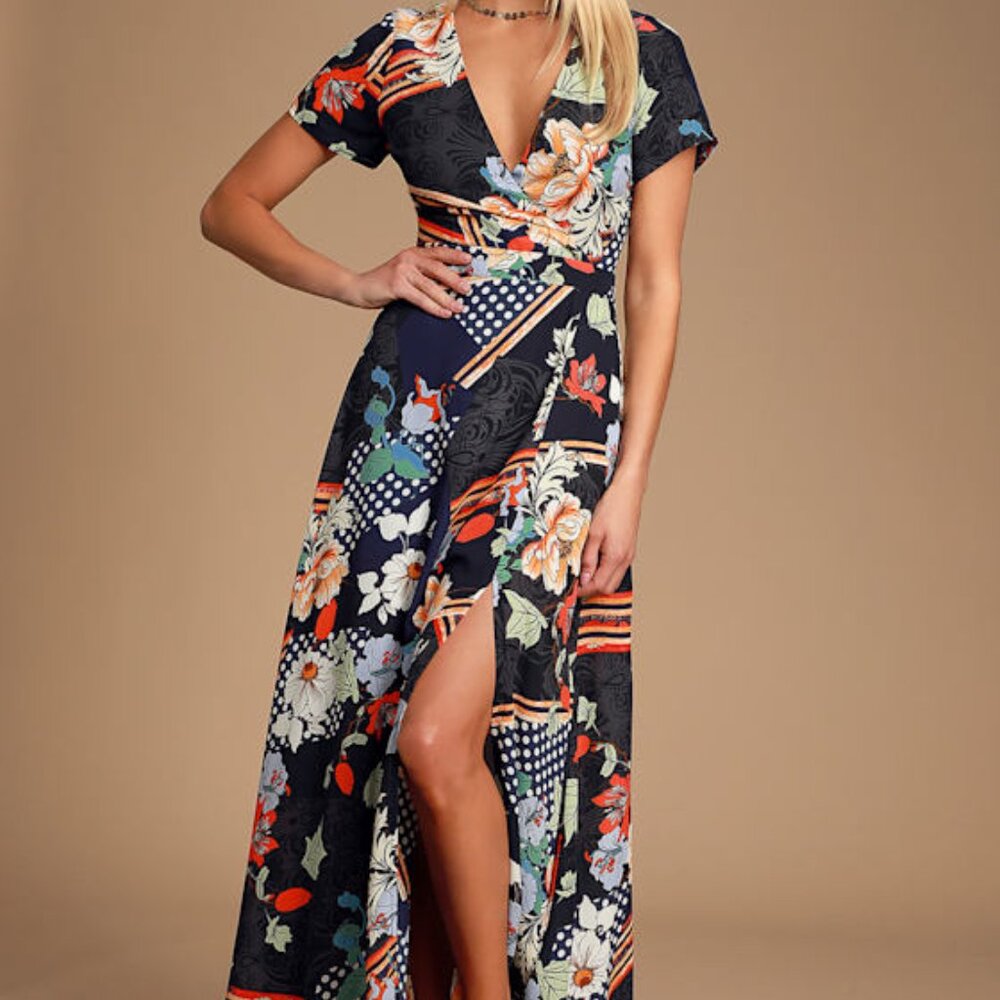 Lulus Aleta Navy Blue Print Short Sleeve Surplice Maxi Dress - Size S